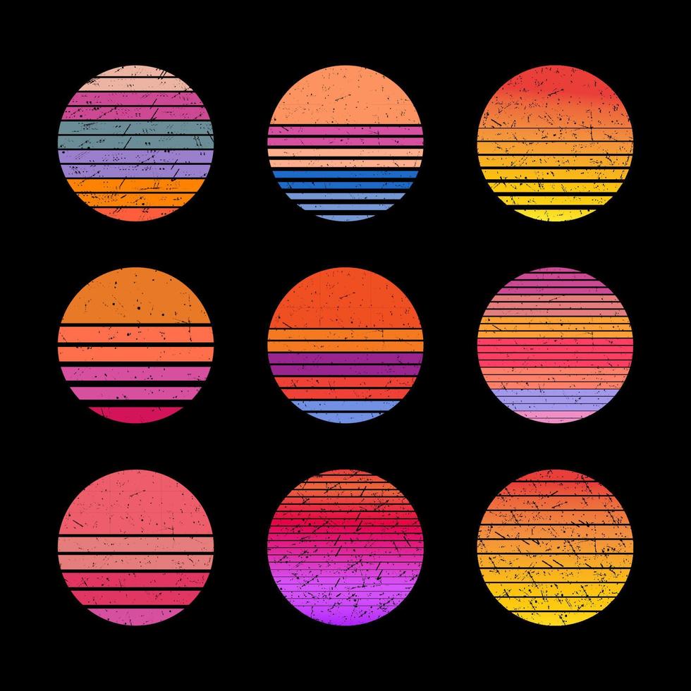 retro zonsondergang cirkel met helling kleur. wijnoogst getextureerde sticker van zon strand icoon. abstract gestileerde vakantie Aan surfen in oceaan logo voor t-shirt. vector