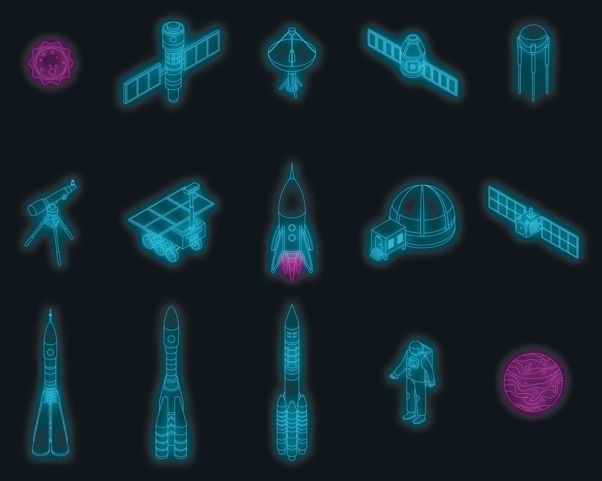 ruimteonderzoek technologie pictogrammen instellen vector neon