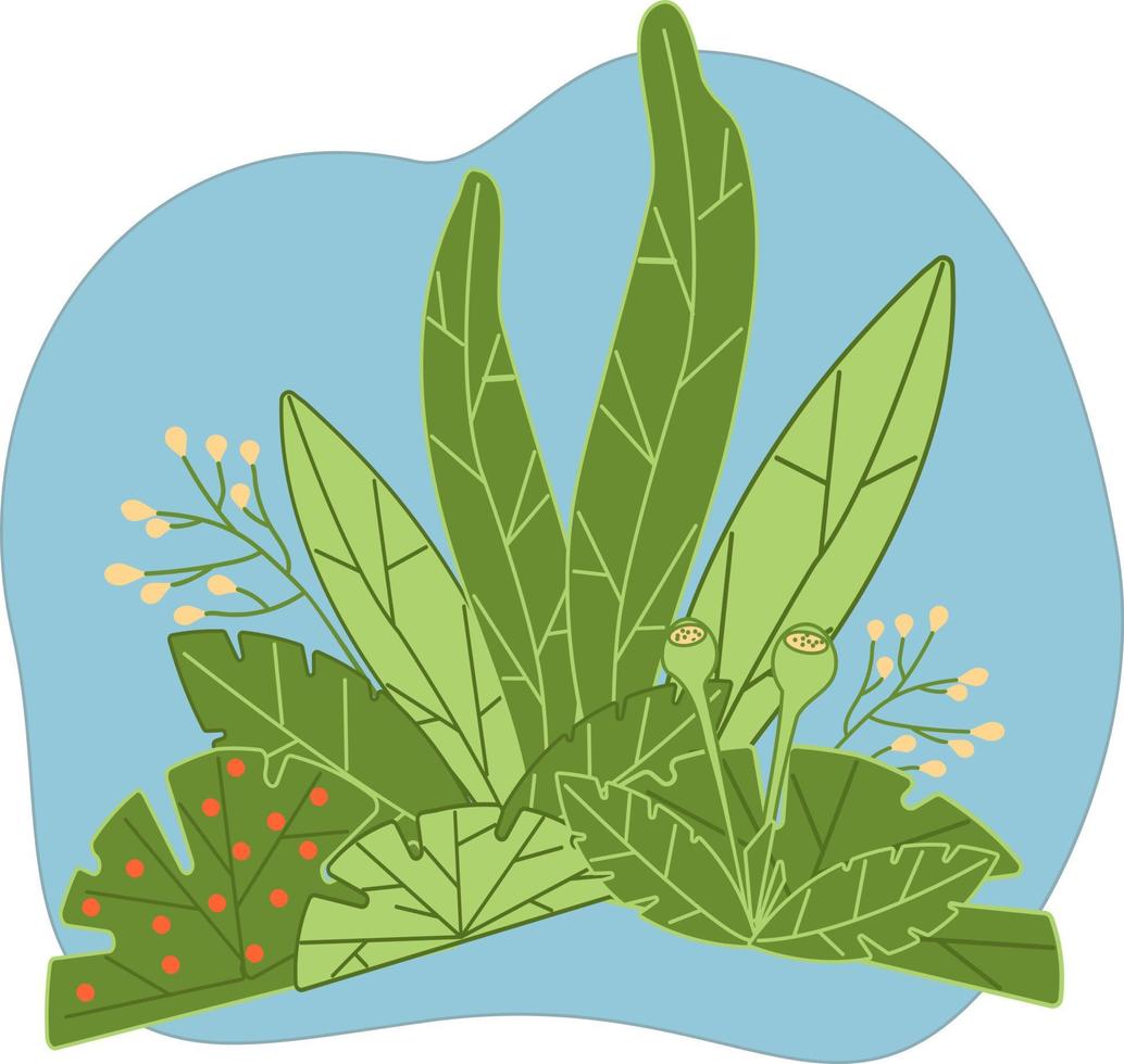 groen planten in tekenfilm stijl Aan een licht blauw abstract achtergrond. decoratief samenstelling van tropisch groen planten in een vlak stijl. vector struiken en gras.
