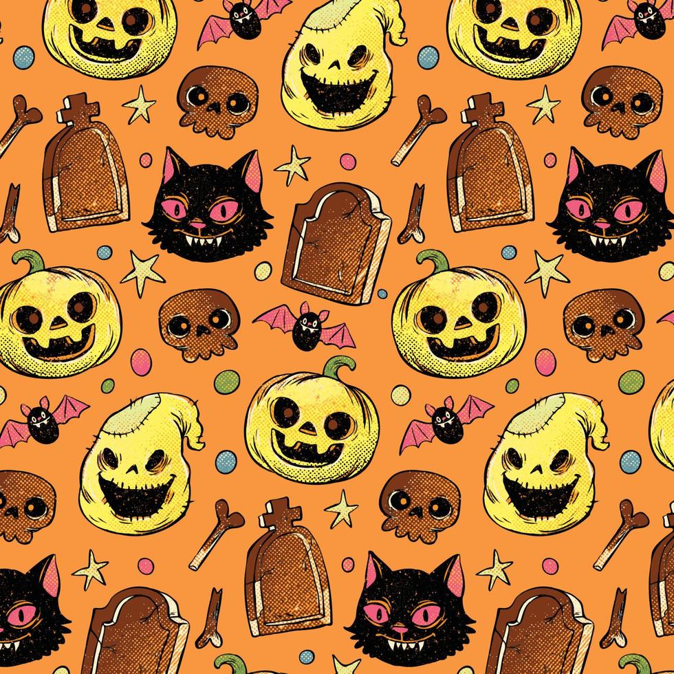 halloween pompoen en zwart kat naadloos patroon vector