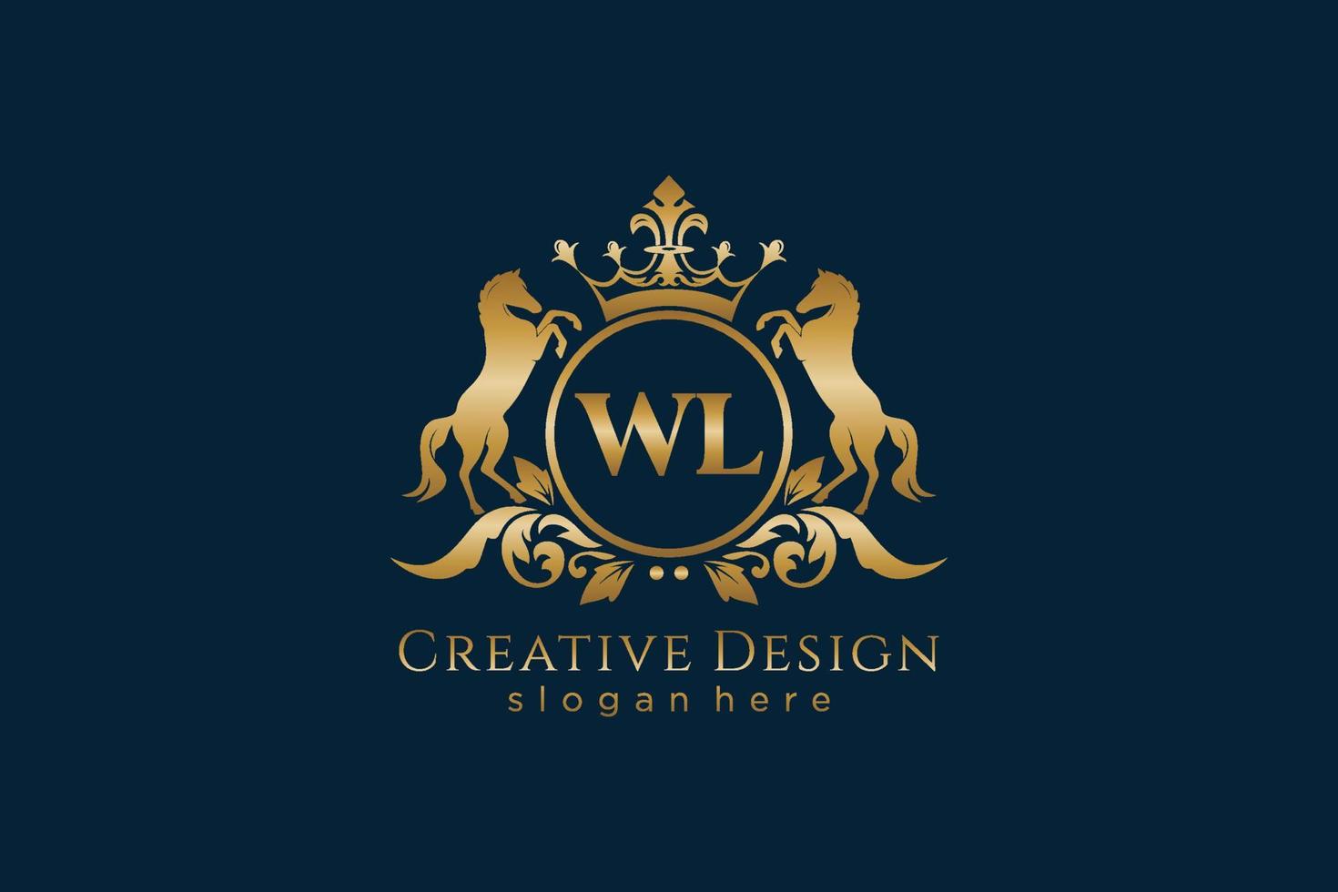 eerste wl retro gouden kam met cirkel en twee paarden, insigne sjabloon met scrollt en Koninklijk kroon - perfect voor luxueus branding projecten vector