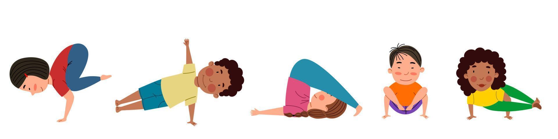 een reeks mooie meisjes en jongens van verschillende nationaliteiten houdt zich bezig met yoga. yoga voor kinderen. vector