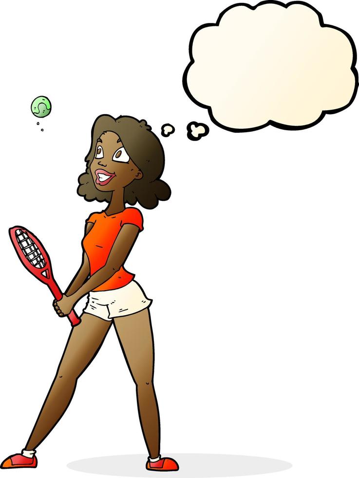 tekenfilm vrouw spelen tennis met gedachte bubbel vector