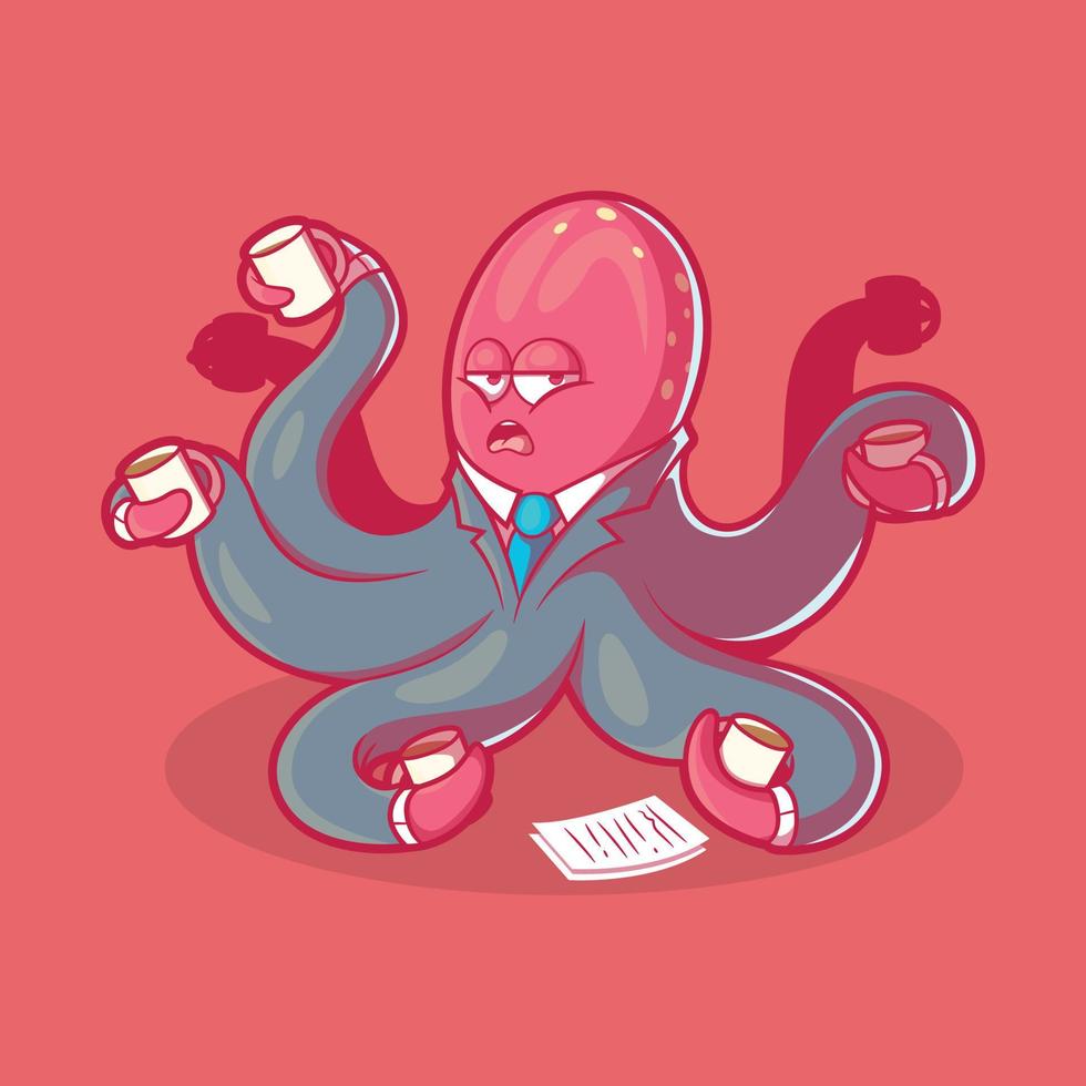 werken Octopus drinken koffie vector illustratie. werkverslaafde, merk, grappig ontwerp concept.