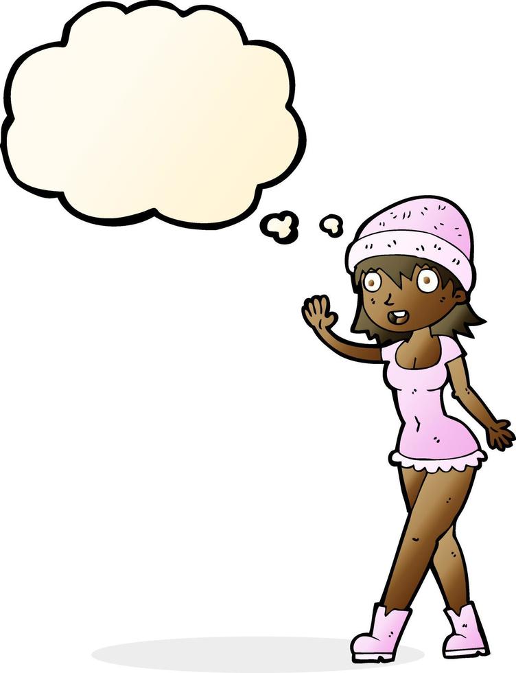 tekenfilm mooi meisje in hoed golvend met gedachte bubbel vector