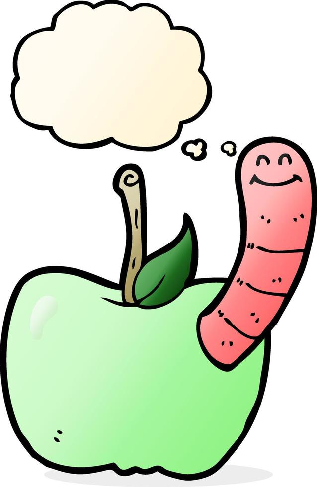 tekenfilm appel met worm met gedachte bubbel vector