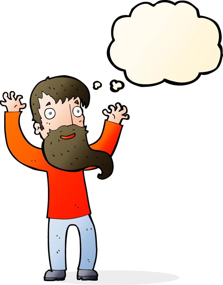 tekenfilm opgewonden Mens met baard met gedachte bubbel vector