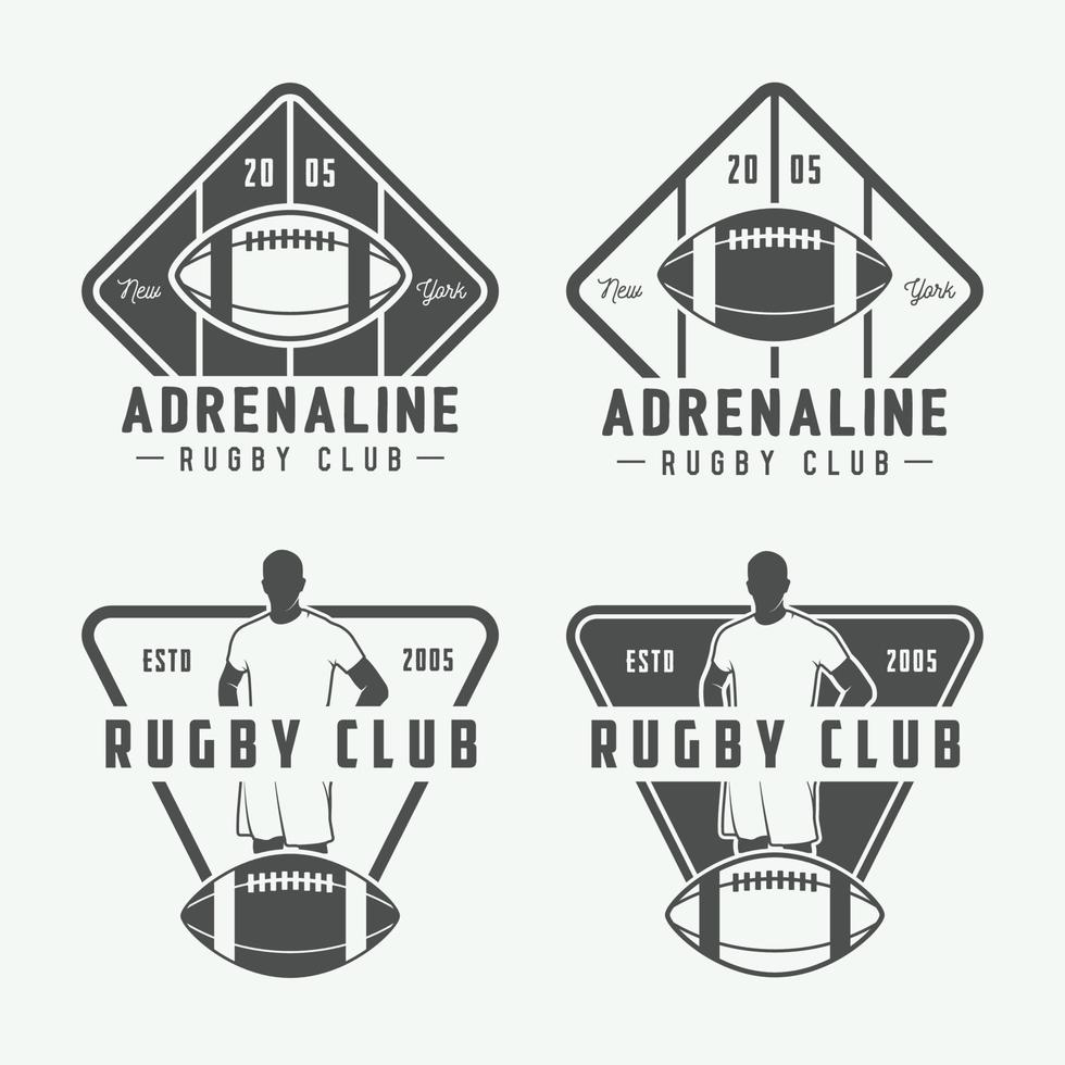 reeks van wijnoogst rugby en Amerikaans Amerikaans voetbal etiketten, emblemen en logo. vector illustratie