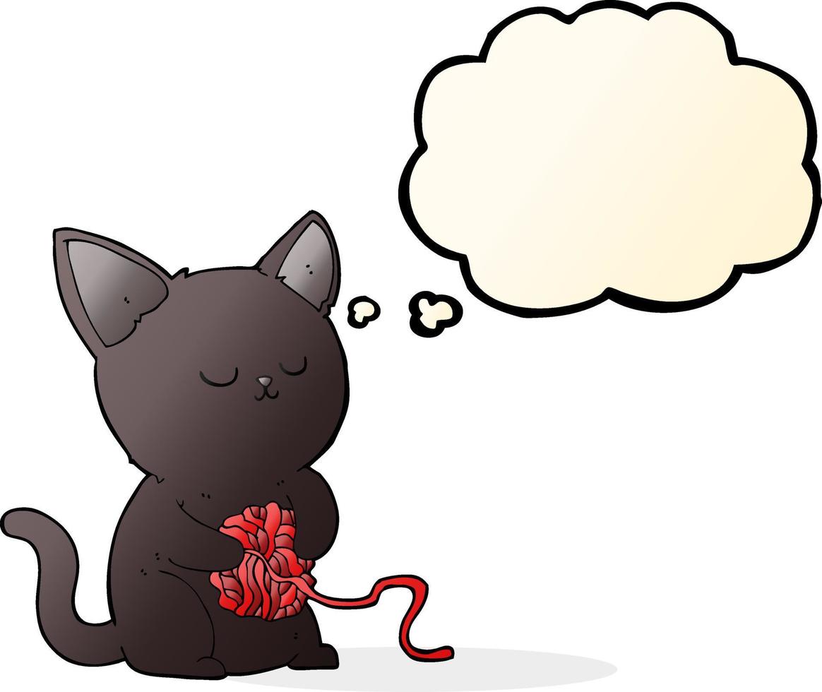 tekenfilm schattig zwart kat spelen met bal van garen met gedachte bubbel vector