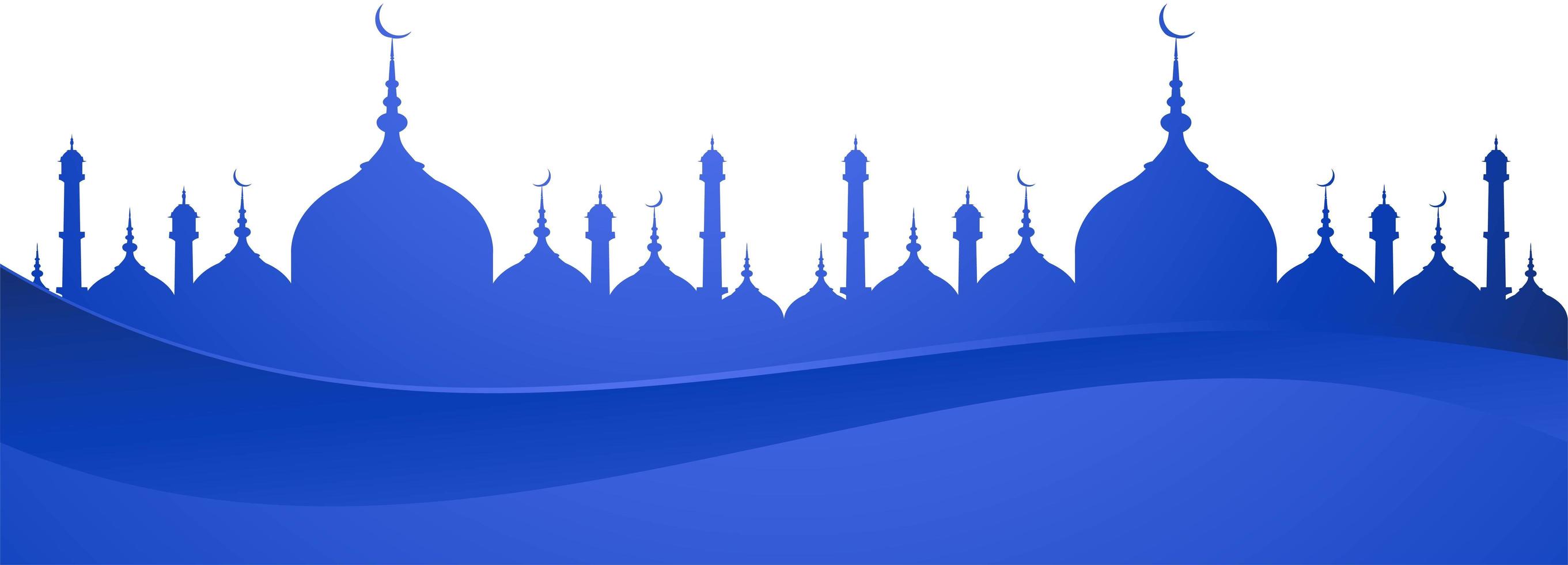 blauwe eid mubarak wenskaart met silhouet vector