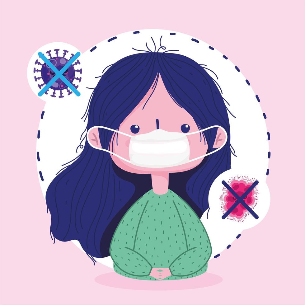 covid 19 coronavirus pandemisch ontwerp met een meisje dat een masker draagt vector