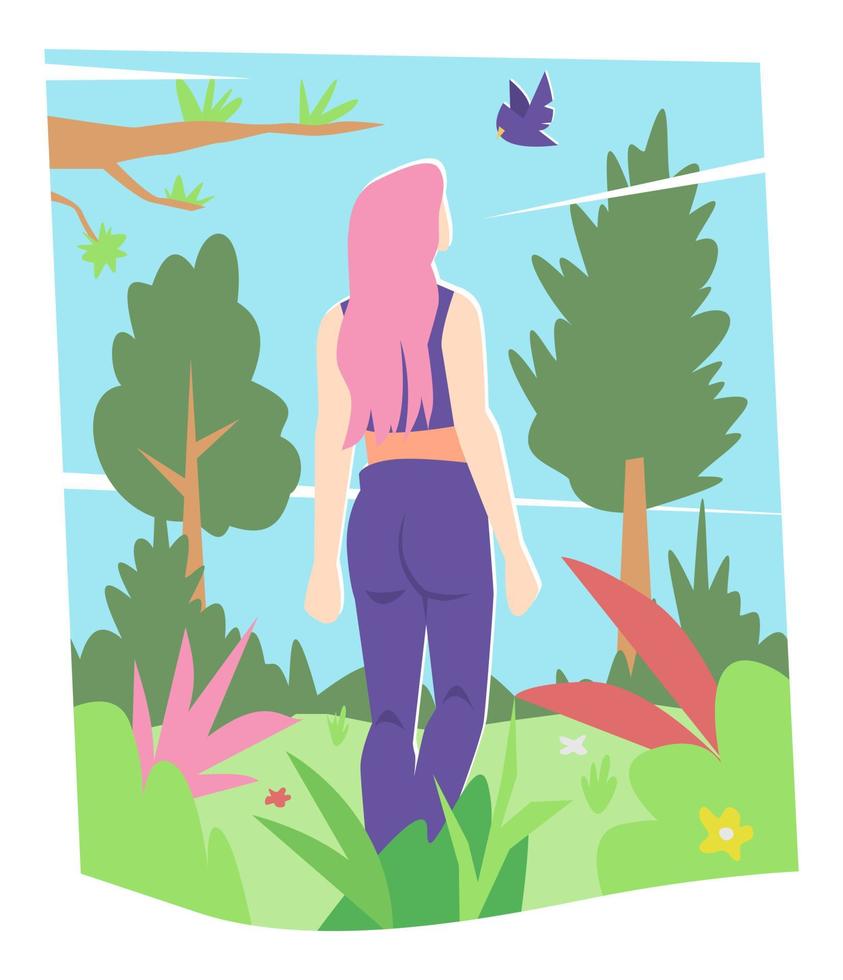 illustratie van mooi meisje terug visie aan het kijken vogelstand in park, natuur. bladeren, gras, bomen, bloemen. concept van planten, leven dingen. vlak vector