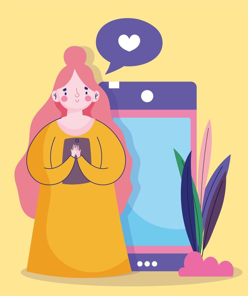 jonge vrouw houdt smartphone praten bubble liefde vector
