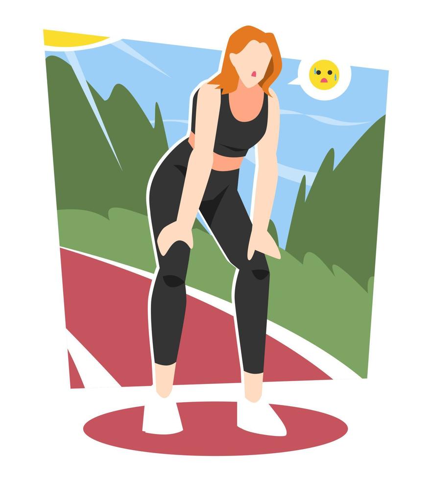 illustratie van een moe vrouw na jogging Aan een rennen spoor. veld- achtergrond, gras, bladeren. zon schittering. moe gezicht icoon. concept van oefening, vermoeidheid, rust uit, enz. vlak vector