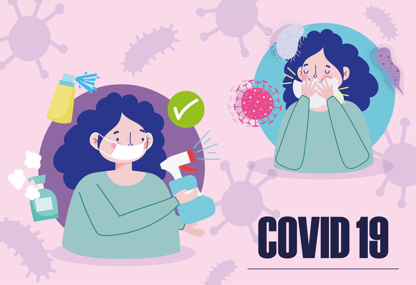 coronavirus poster met vrouw desinfecterende en bedekkende mond vector