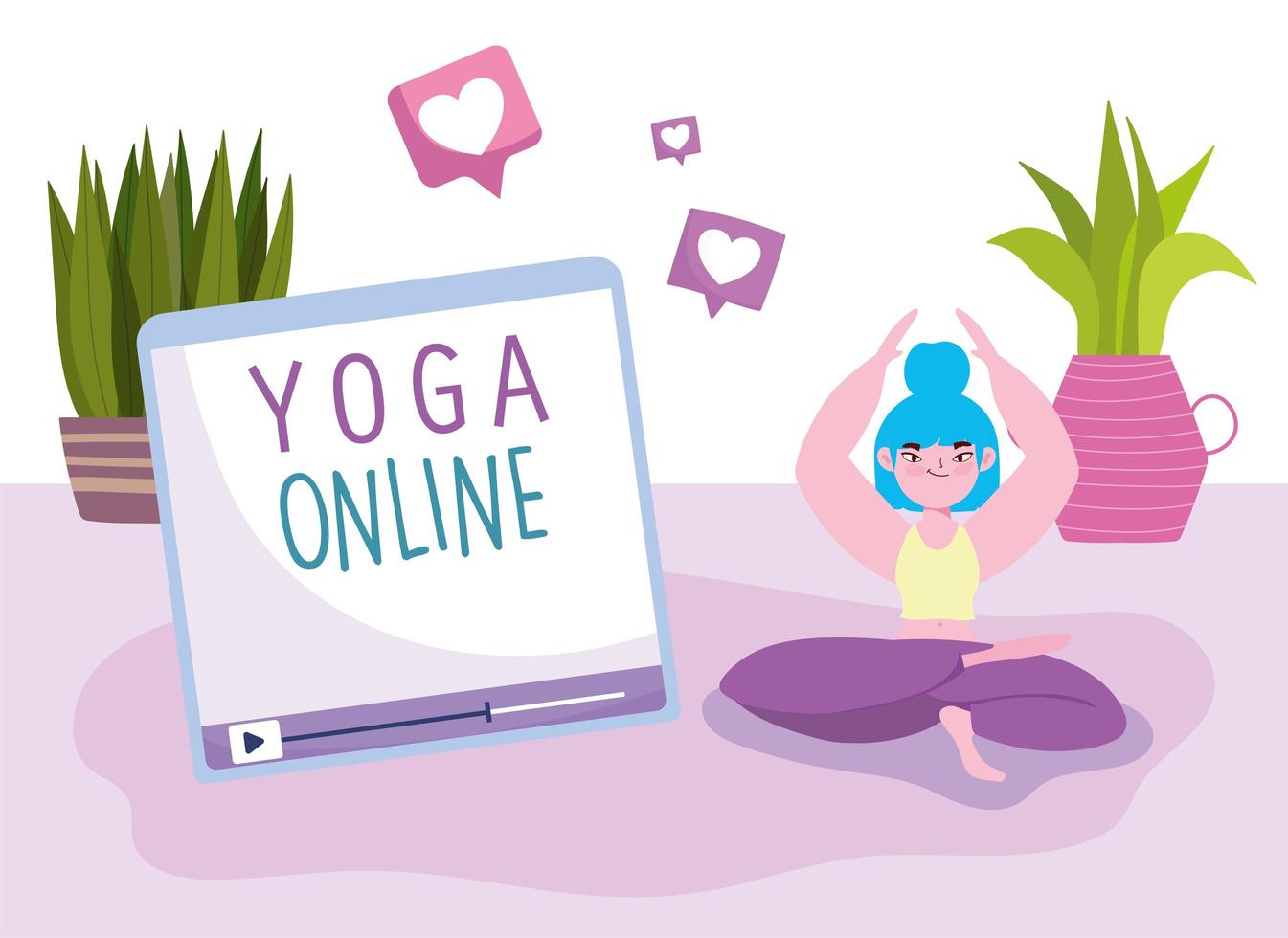 jonge vrouw het beoefenen van yoga online in lotus houding vector