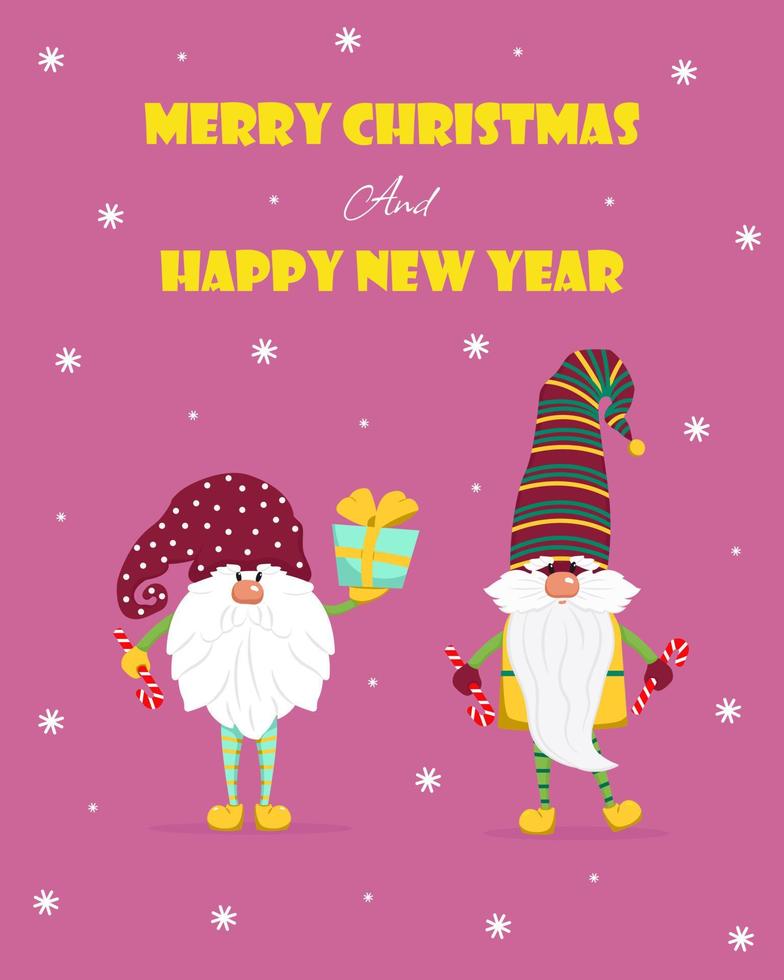 twee schattig kabouters met cadeaus in hun handen groet kaart voor kerstmis. vector illustratie in vlak stijl.