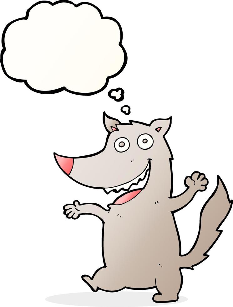 tekenfilm gelukkig wolf met gedachte bubbel vector