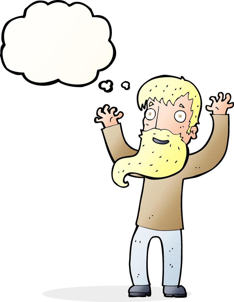 tekenfilm opgewonden Mens met baard met gedachte bubbel vector