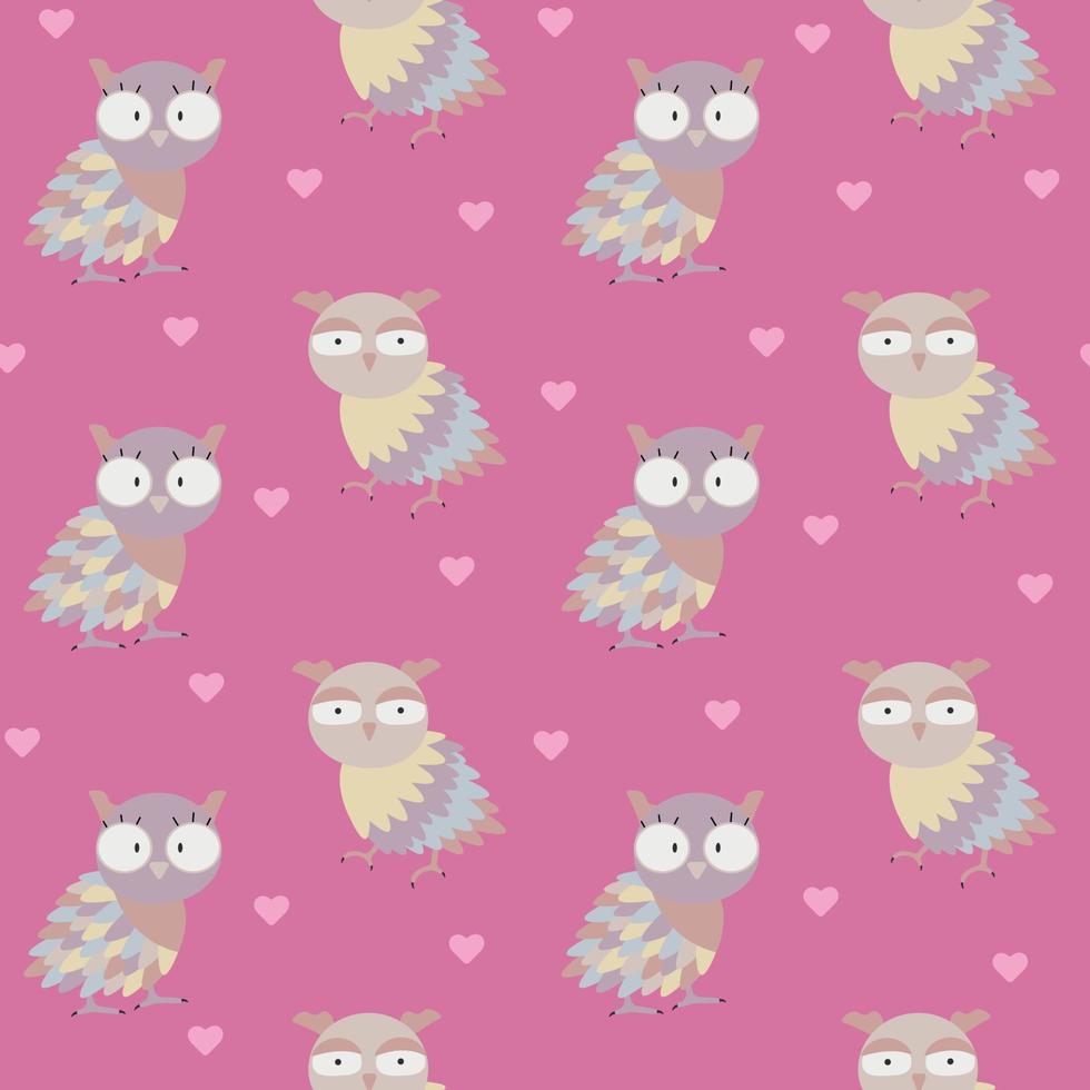 schattig uilen naadloos patroon. grappig baby roze achtergrond met charmant wild tekens en harten. vector illustratie voor baby douche, verjaardag, partij ontwerp.