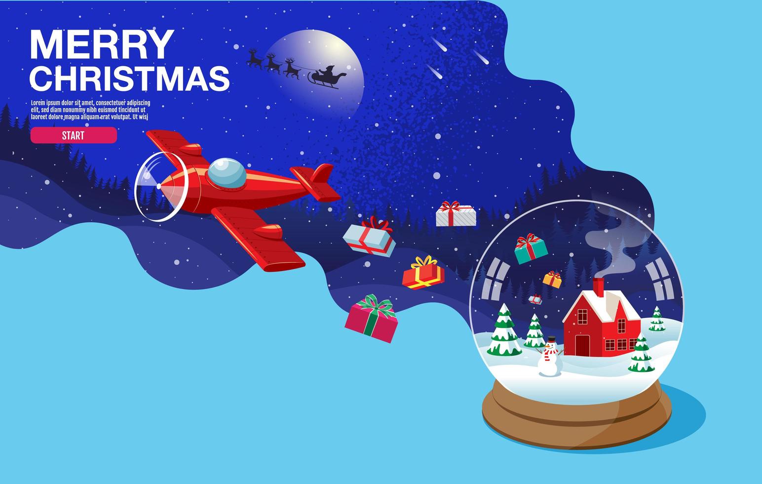 merry christmas sneeuwbol en vliegtuig dropping presenteert vector