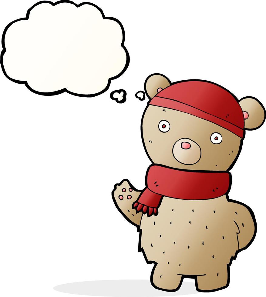 tekenfilm teddy beer in winter hoed en sjaal met gedachte bubbel vector