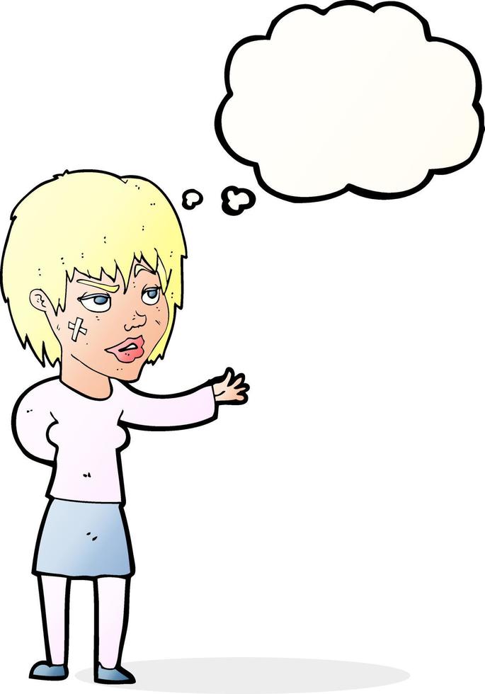 tekenfilm vrouw met plakken gips Aan gezicht met gedachte bubbel vector