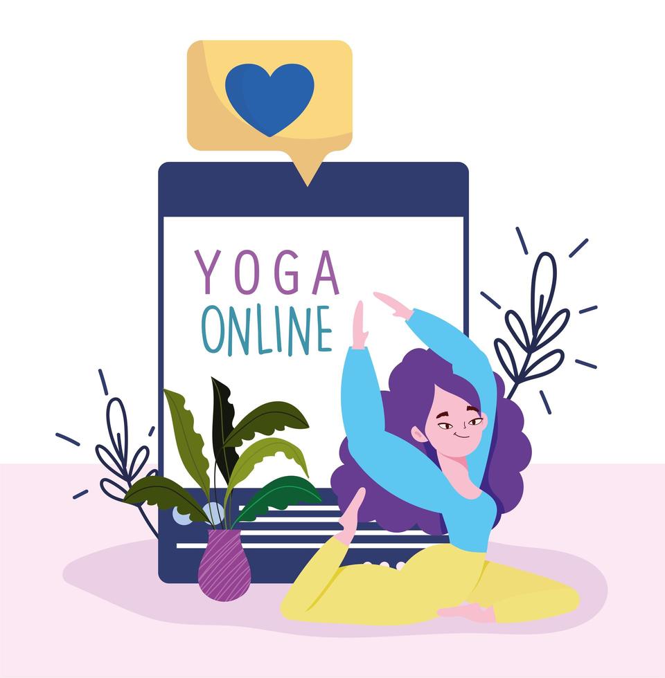 online yoga, jonge vrouw doet yoga website app vector