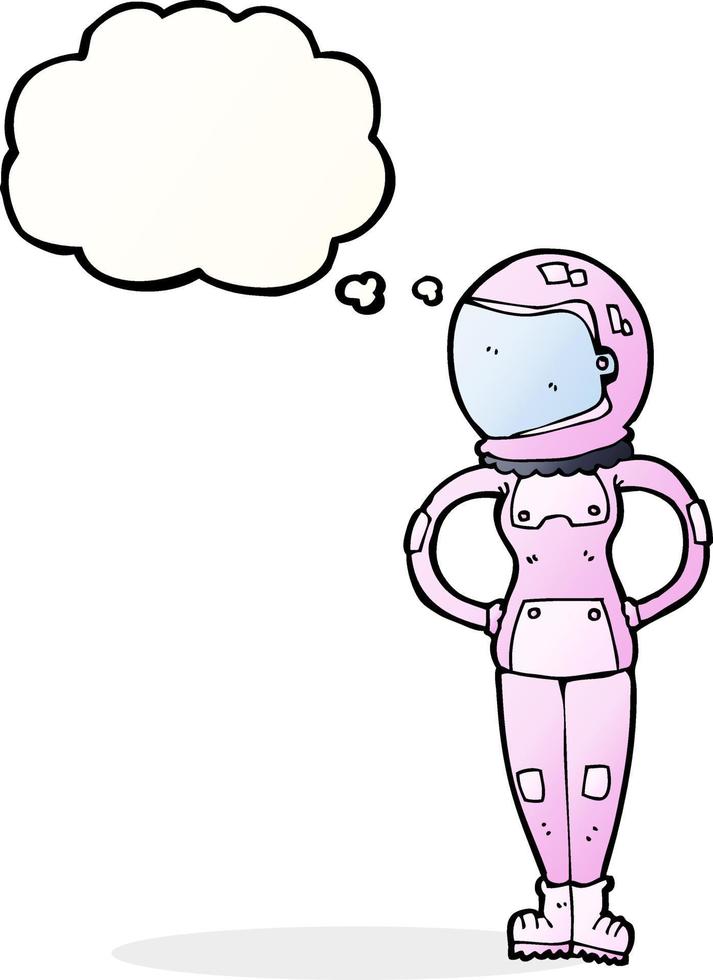 tekenfilm vrouw astronaut met gedachte bubbel vector