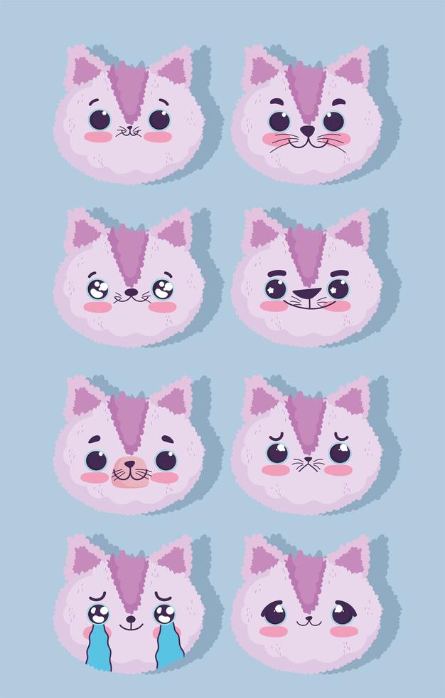 violet kat met verschillende emoties set vector