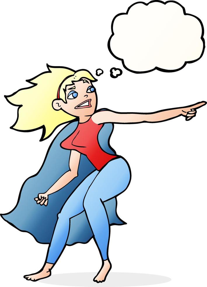 tekenfilm superheld vrouw richten met gedachte bubbel vector