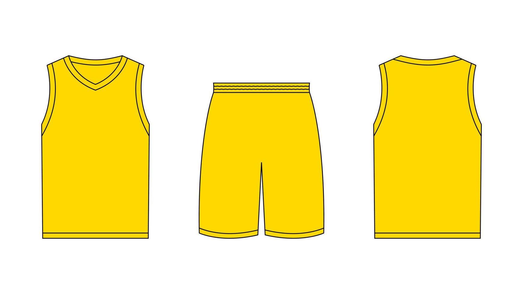 mouwloos geel sport- t-shirt en shorts sjabloon. voorkant en terug visie unisex gouden kleding patroon voor buitenshuis activiteiten en basketbal oefening. gewoontjes elegant gemakkelijk vector katoen textiel