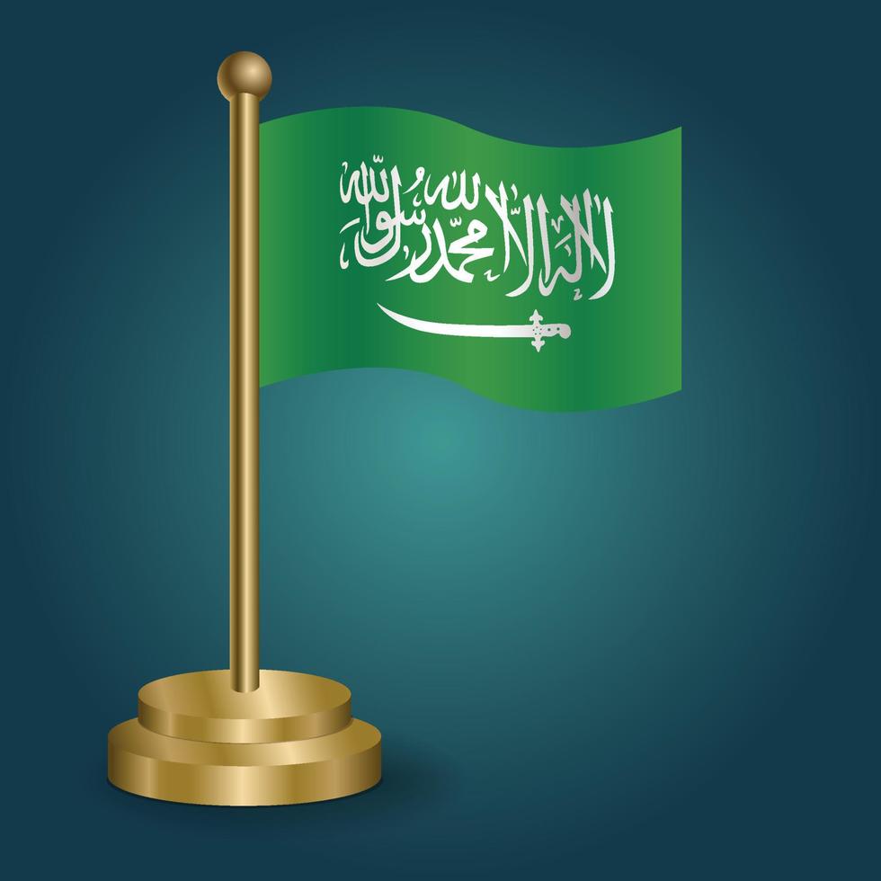 Arabisch saudi vlag Aan gouden pool Aan gradatie geïsoleerd donker achtergrond. tafel vlag, vector illustratie