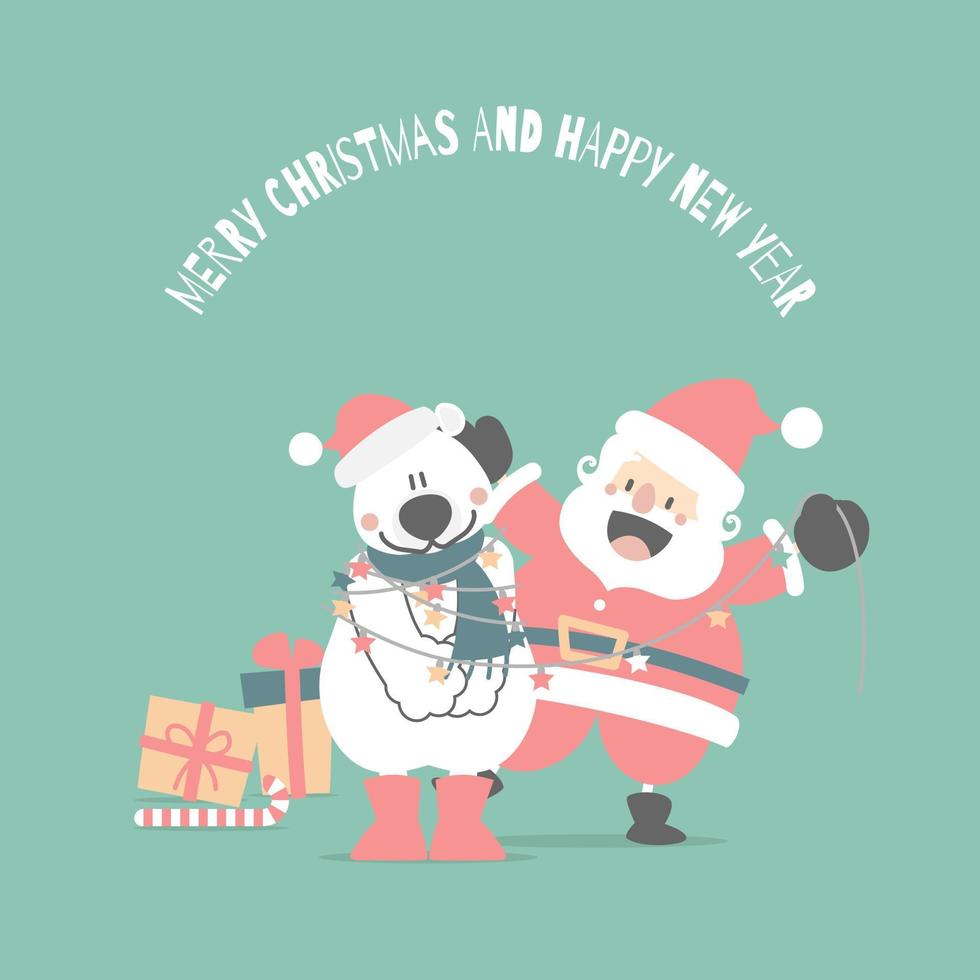 vrolijk Kerstmis en gelukkig nieuw jaar met schattig de kerstman claus en wit polair beer, sneeuwvlok, ster in de winter seizoen groen achtergrond, vlak vector illustratie tekenfilm karakter kostuum ontwerp