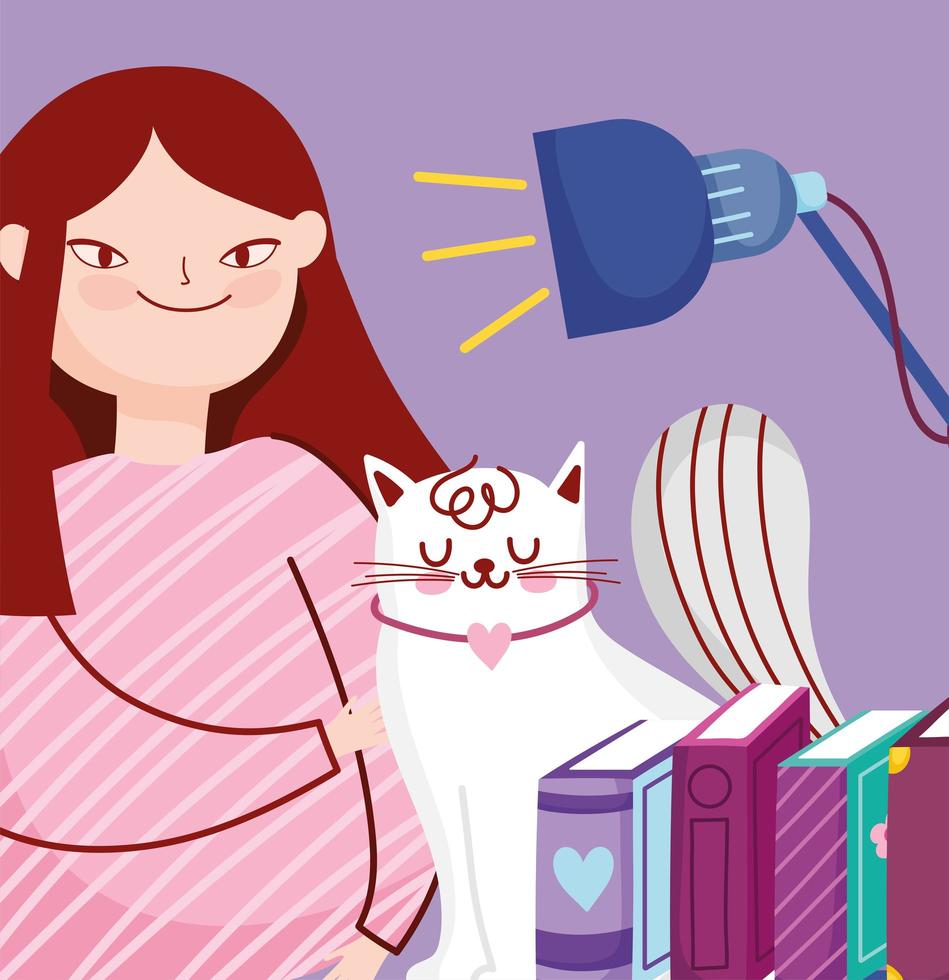 jong meisje met boeken en een kat vector