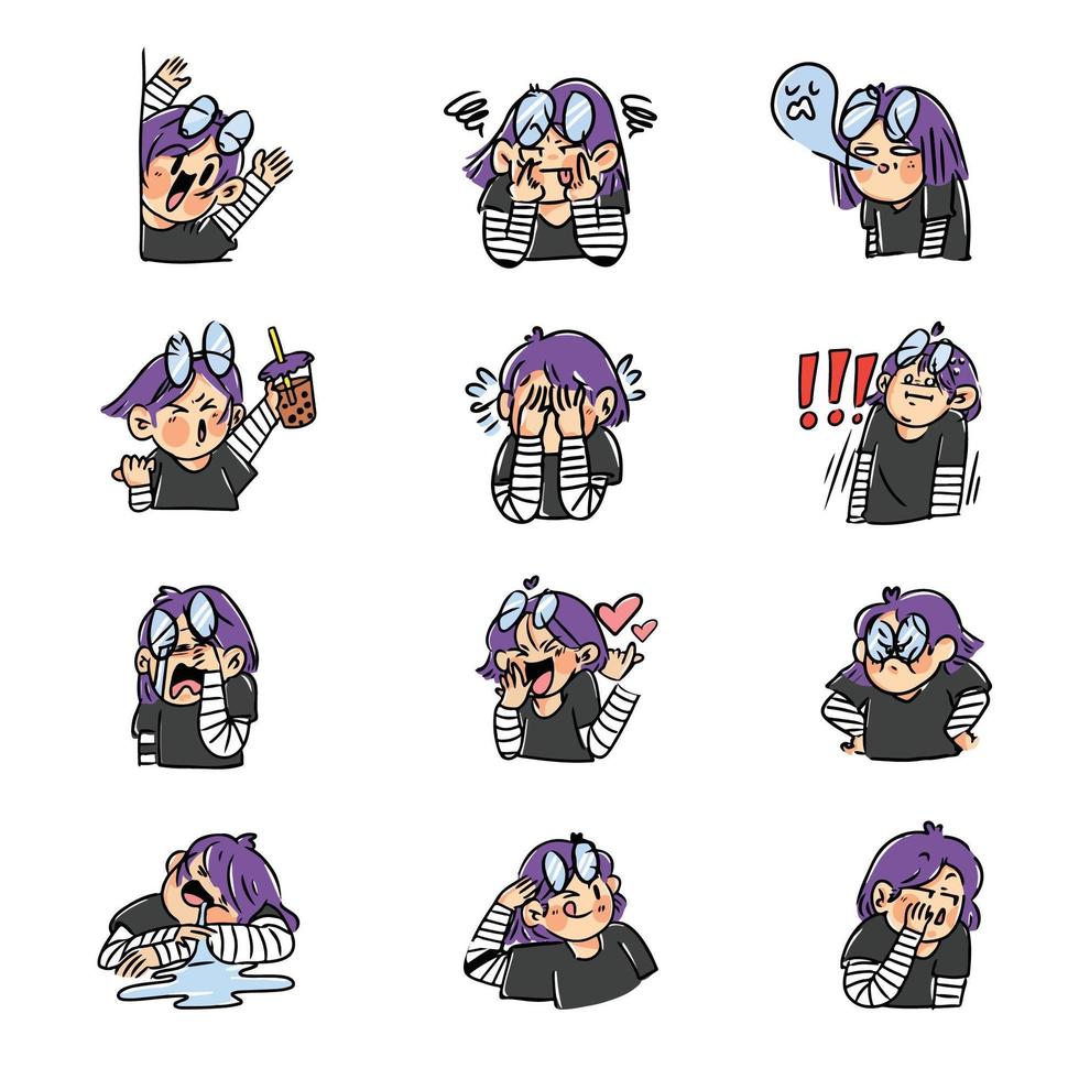 expressieve paarsharige meisje sticker set vector