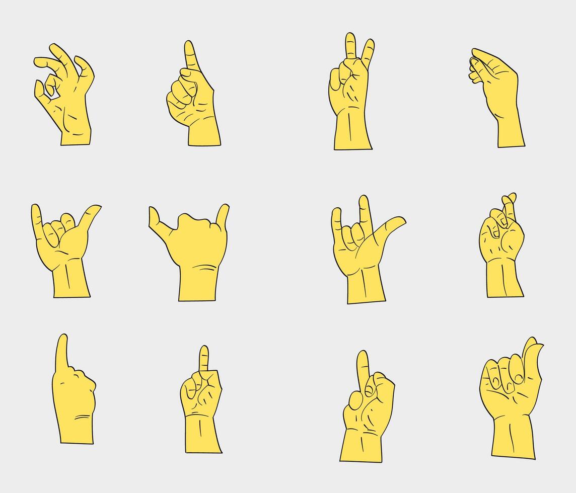 handen poseert. tekenfilm menselijk palmen en pols vector set. communicatie of pratend met emoji voor boodschapper