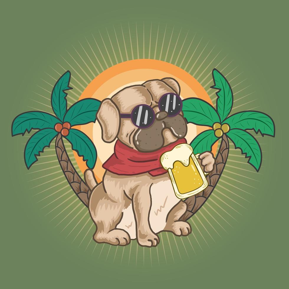 pug hond drinkt een biertje in de zomer vector