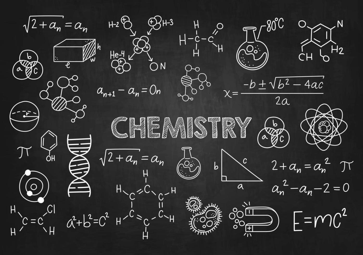 wetenschappelijk en chemie formules en algebra illustratie Aan zwart schoolbord vector