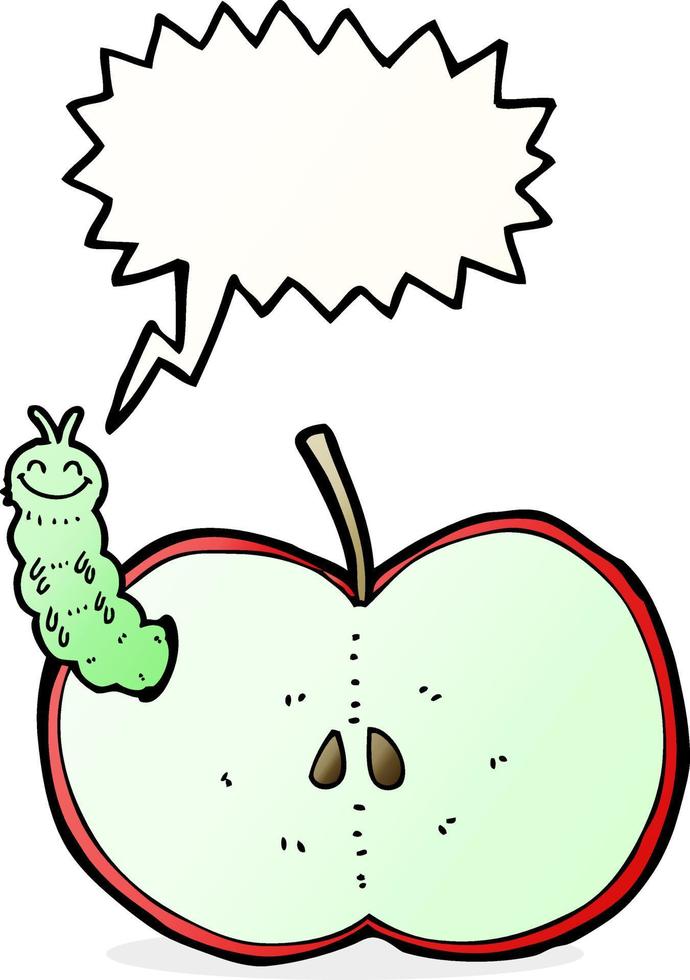 tekenfilm kever aan het eten appel met toespraak bubbel vector
