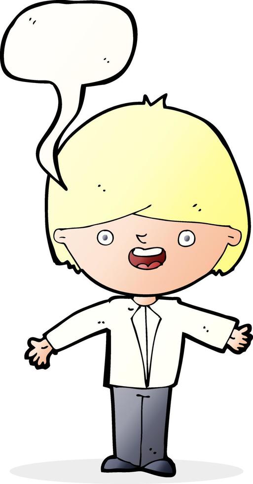 tekenfilm gelukkig jongen met Open armen met toespraak bubbel vector