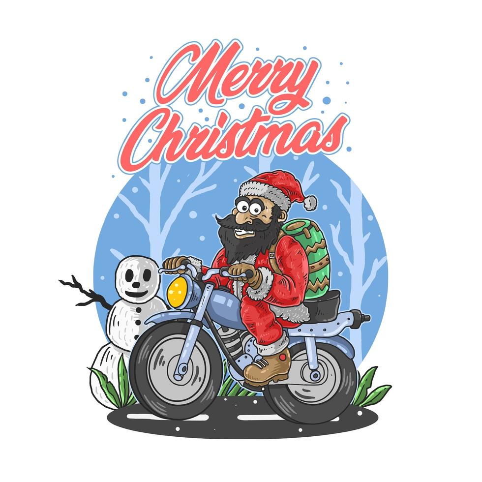 vrolijk kerstfeest tekst met de kerstman op motorfiets vector