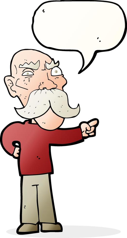 tekenfilm geërgerd oud Mens richten met toespraak bubbel vector