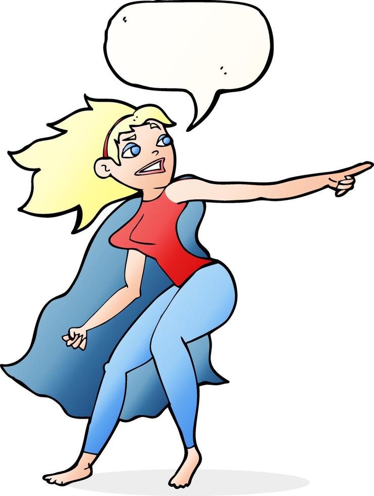 tekenfilm superheld vrouw richten met toespraak bubbel vector