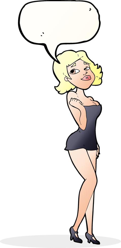 tekenfilm aantrekkelijk vrouw in kort jurk met toespraak bubbel vector