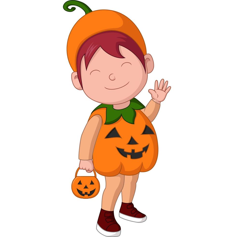schattig weinig jongen tekenfilm vervelend halloween pompoen kostuum vector