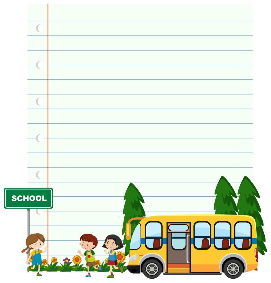 papieren sjabloon met kinderen en schoolbus vector