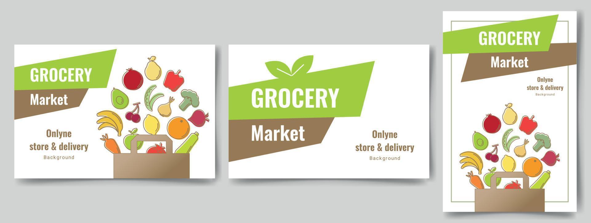 reeks van flyers met biologisch kruidenier boodschappen doen concept ontwerp voor op te slaan, online markt, huis levering, vers voedsel, bestellen, uitverkoop concept vector