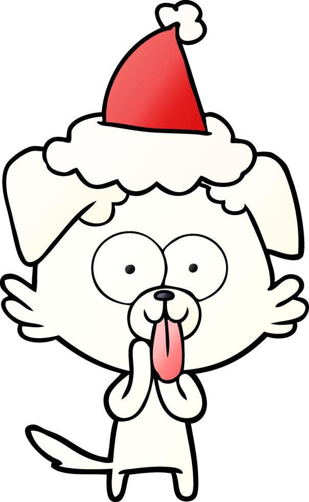 gradiëntcartoon van een hond met een tong die uitsteekt en een kerstmuts draagt vector