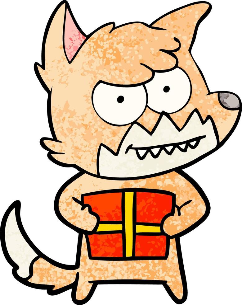 tekenfilm grijnzend vos met Cadeau vector
